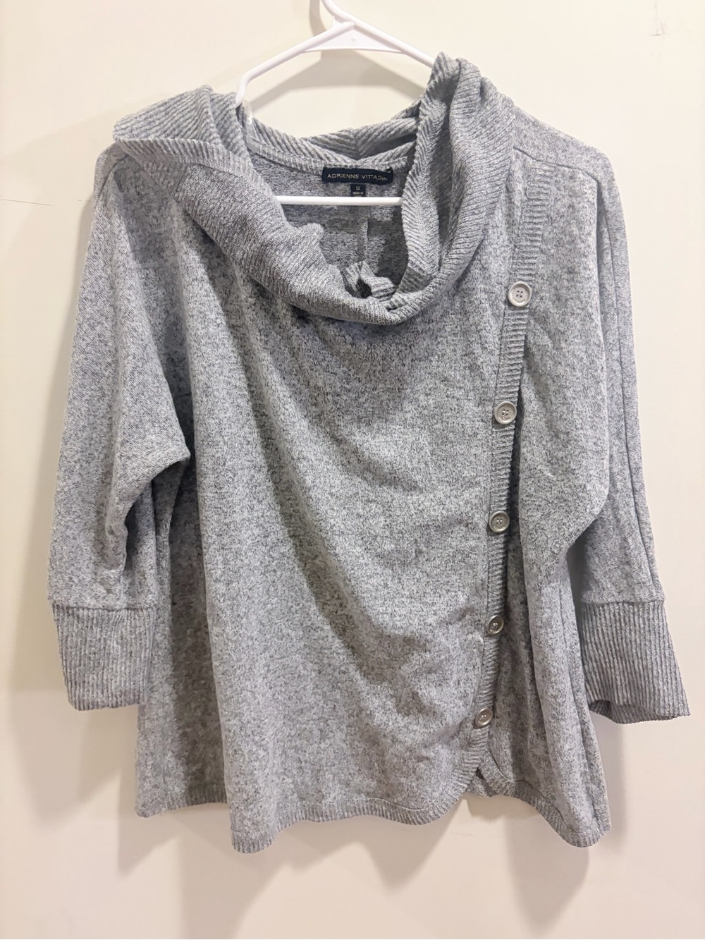 Adrienne Vittadini Light Gray Asymmetric Button Cowl Neck Sweater